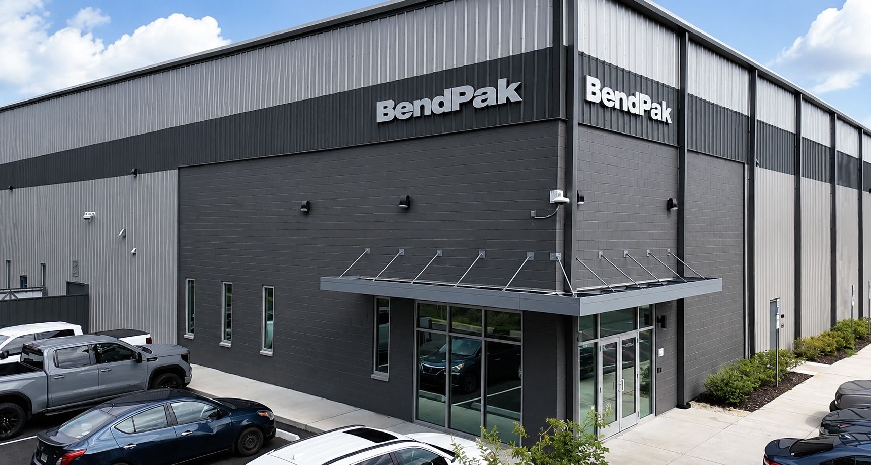 The front entrance of BendPak's modern logistics and distribution facility.