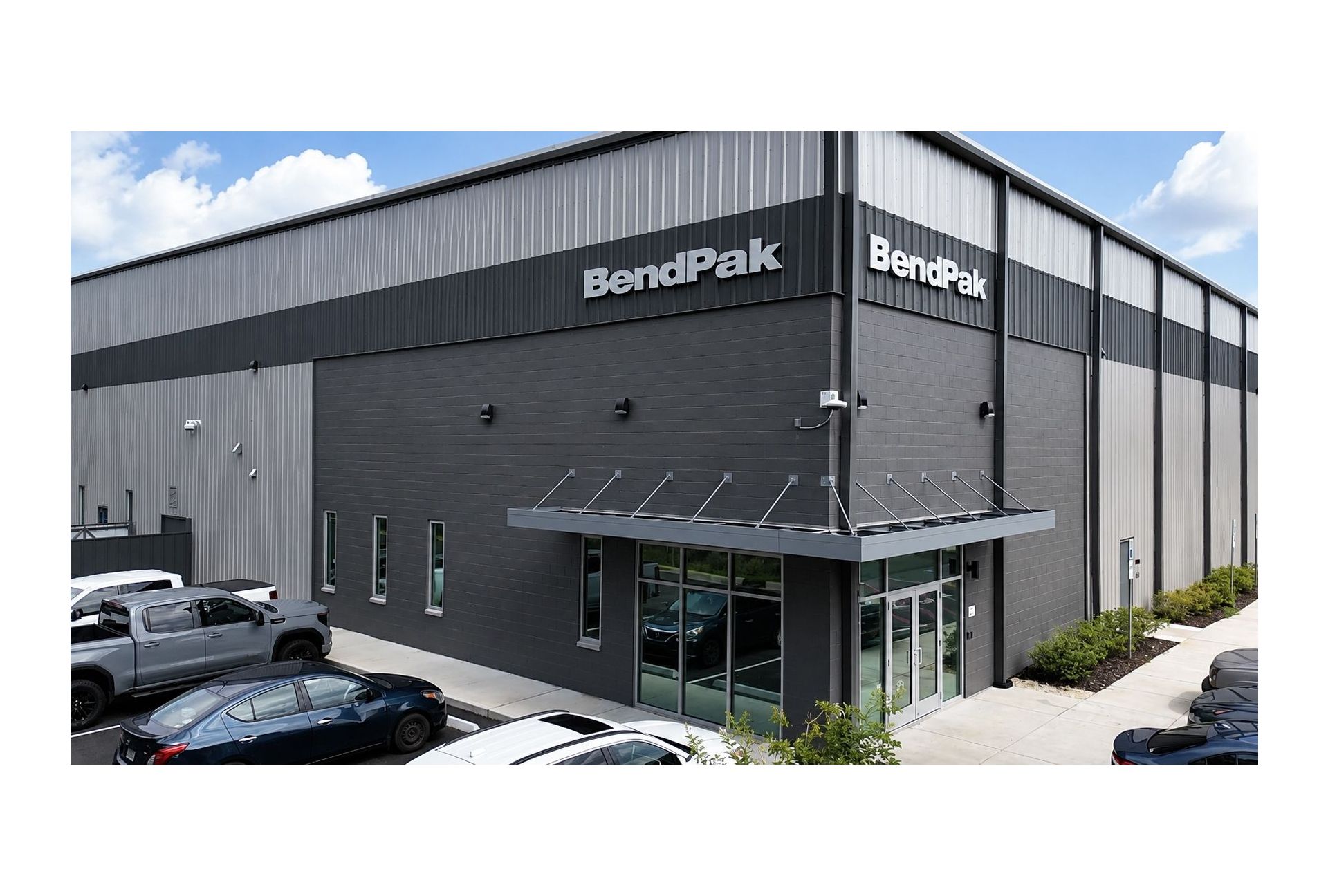 The front entrance of BendPak's modern logistics and distribution facility.