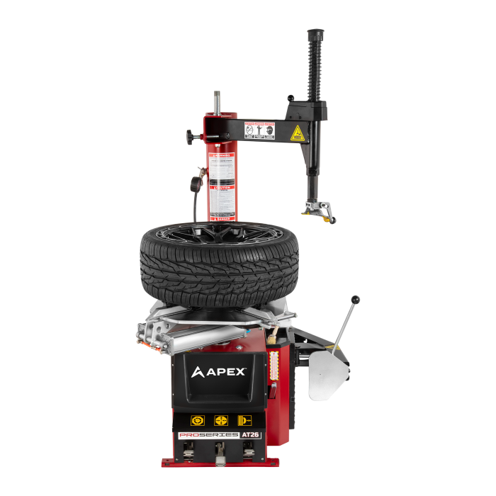 APEX AT26 tire changer showing high-torque electric turntable and swing arm design