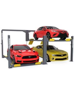 BendPak PL-12000DPS 5175552 tandem four-post parking lift loaded with a red Ford Mustang, yellow Chevrolet Camaro, and red Toyota sedan, showcasing dual-platform vehicle storage capability.