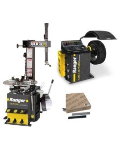 Ranger R745 and DST2420 Tire Service Combo Kit — includes Ranger R745 swing-arm tire changer, DST2420 digital wheel balancer with mounted tire, and a box of Quick-Peel adhesive steel wheel weights. Complete tire service package shown on white background.