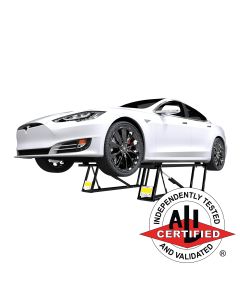 White Tesla Model S lifted by QuickJack 6000ELX portable car lift with ALI certification badge displayed in front.