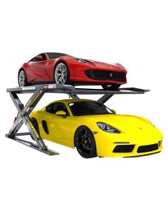 Autostacker A6W 5175282 wide scissor-style parking lift by BendPak with a red Ferrari stacked above a yellow Porsche, showcasing dual-vehicle luxury storage and space-efficient design.