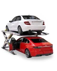 Autostacker A6S 5175274 parking lift from BendPak with a white Mercedes C-Class parked above a red Jaguar XF, demonstrating its compact scissor design and dual-vehicle storage capability.