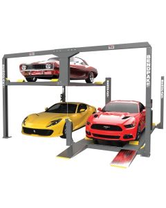 BendPak PL-12000DP 5175547 four-post tandem parking lift with a red classic car raised above a yellow and red sports car, showing dual independent platforms for expanded vehicle storage.