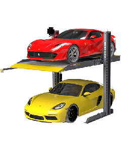 BendPak PL-6000DC 5175427 two-post parking lift holding a red sports car above a yellow coupe, showcasing dual-level vehicle storage for compact garages.