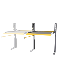 Side view of BendPak PL-6000DCX 5175643 shared column add-on showcasing extended dual-deck configuration with yellow safety plates and steel construction.