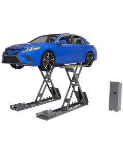 BendPak SP-7XEF 5175425 full-rise scissor lift with 7,000-lb capacity raising a blue sedan, featuring flush-mount installation and yellow ramps for easy drive-on access.