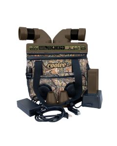 Cool Boss Coolee 5150033 complete portable air cooler kit featuring the camo cooler unit with vents, battery, charger, and power cables displayed.