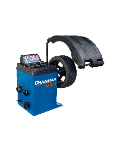 Front view of the Dannmar DB-70 5140159 automatic wheel balancer with digital display, mounted wheel, and safety hood raised