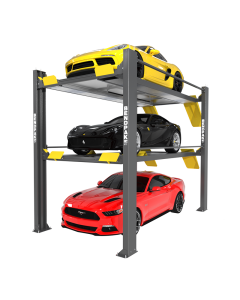 BendPak HD-973P 5175238 triple-stacker parking lift with yellow, black, and red sports cars, showing its heavy-duty 3-level parking design for high-performance garages.