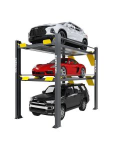 BendPak HD-973PX 5175267 triple stacker parking lift holding three vehicles—a black SUV, red coupe, and white crossover—demonstrating high-clearance, three-tier parking capacity.