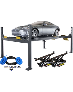 BendPak HDS-14LSX four-post alignment lift package shown with dual RJ7 rolling bridge jacks and complete air line kit, ideal for professional alignment and service applications.