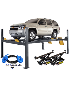 BendPak HDS-14LSXE extended alignment lift package shown with a Chevrolet Tahoe SUV, dual RJ7 rolling bridge jacks, and complete air line kit with coiled hoses and fittings.