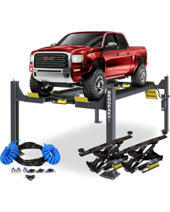 HDSO14AX four-post alignment lift with a red GMC pickup raised, featuring dual rolling bridge jacks and an airline kit for integrated pneumatic operation. 5175901
