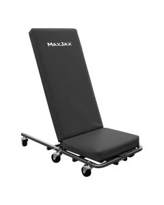 MaxJax 5150027 pneumatic-assist creeper seat in upright position, featuring padded black cushions, heavy-duty frame, and smooth-rolling casters.