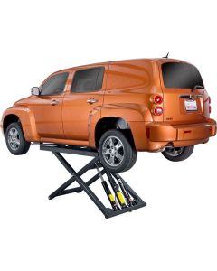 Orange SUV raised on BendPak MD-6XP 5175730 6,000-lb mid-rise scissor lift, demonstrating versatile lifting range for cars and light trucks.