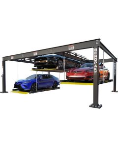 BendPak PL-6KT 5175154 parking lift system holding multiple cars including a Tesla, Mustang, and Camry, showing dual-platform triple stacker design for high-capacity parking.