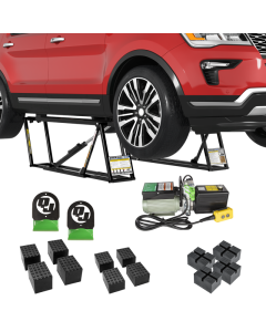QuickJack 6000TLX ALI Certified Extended-Length Portable Car Lift Bundle includes portable lift, pinch-weld blocks, and wall hangers