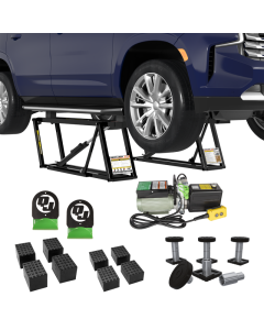 QuickJack 8000TL Portable Car Lift Bundle includes SUV and Light Truck Adapter Set and wall hangers for storage
