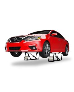Red Nissan sedan elevated on QuickJack BL-3500SLX portable car lift, showcasing compact frame design and lightweight lifting capability for small vehicles.