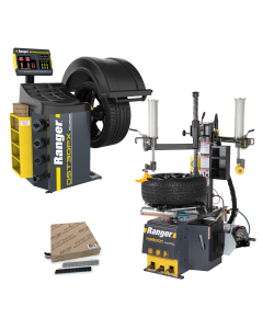 Ranger R980DP tire changer and DST30P wheel balancer combo package with adhesive wheel weights. The R980DP features dual assist arms and a mounted tire, while the DST30P includes a mounted wheel and open safety hood, all shown on a white background.