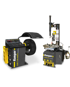 Ranger R980XR Tire Changer and DST2420 Digital Wheel Balancer Combo. Professional-grade tire service equipment with yellow and black design, shown side by side on black background with mounted tire.