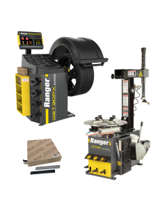 Complete tire service combo: R745 tire changer, DST30PX wheel balancer, and included wheel weights