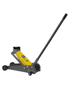 Ranger RFJ-3TQP 3-Ton Quick-Pump Floor Jack side profile with handle extended, showing yellow lift arm and black steel frame 5150418