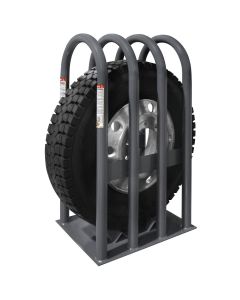 Heavy-duty truck tire mounted inside the Ranger RIC-4716 5150315 four-bar steel inflation cage, shown at an angle.