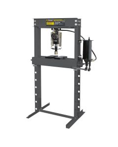 Ranger RP-20HD 20-Ton Hydraulic Shop Press in gray finish, front-right angled view showing heavy-duty steel frame, pressure gauge, and air-hydraulic pump system. 5150059
