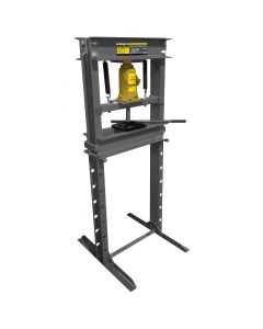 Ranger RP-20T 20-Ton Shop Press 5150496, red hydraulic press with heavy-duty steel frame, adjustable working table, and bottle jack assembly for bending, straightening, or pressing applications.