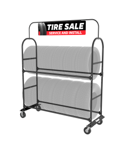 Ranger TR-2S Tire Display Rack with “Tire Sale - Service and Install” signboard and dual tire tiers on heavy-duty casters. 5216274