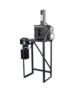 Ranger 5150008 RP-30FCH oil filter crusher mounted on a tall steel stand with a hydraulic power unit and safety enclosure for efficient oil filter crushing