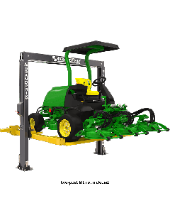 GrandPrix two-post lift equipped with BendPak turf lift kit supporting a large John Deere mower. Yellow turf platforms safely hold wide mowing attachments for maintenance. 5210262