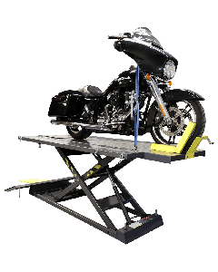 Ranger RML-1500XL motorcycle lift 5150605 platform with Harley-Davidson secured by front wheel vise and tie-down straps