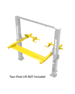 BendPak turf kit attachment mounted on a two-post lift, featuring yellow support platforms designed for safely lifting lawn mowers, golf carts, and turf maintenance vehicles. 5210310
