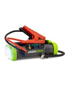JackPak Ultra2500A 5180050 4-in-1 Jump Starter — compact black and green portable power pack with digital display, jump-start clamps, and built-in flashlight.