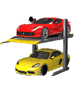 BendPak PL-6000DC 5175427 two-post parking lift holding a red sports car above a yellow coupe, showcasing dual-level vehicle storage for compact garages.