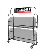 Ranger TR-2S Tire Display Rack with “Tire Sale - Service and Install” signboard and dual tire tiers on heavy-duty casters. 5216274