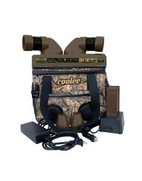 Cool Boss Coolee 5150033 complete portable air cooler kit featuring the camo cooler unit with vents, battery, charger, and power cables displayed.