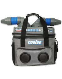 Cool Boss Coolee 5150019 portable air cooler in gray finish, featuring front-facing dual speakers, top-mounted air vents, and rugged all-in-one design.
