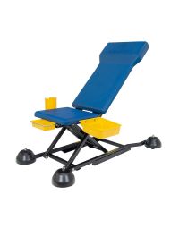 ErgoChair Ergo-RS 5215988 ergonomic creeper seat in upright position with blue padded cushions, yellow side trays, and stable four-foot base.