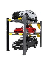 BendPak HD-973PX 5175267 triple stacker parking lift holding three vehicles—a black SUV, red coupe, and white crossover—demonstrating high-clearance, three-tier parking capacity.
