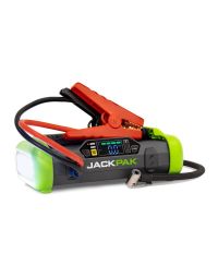 JackPak Ultra2500A 5180050 4-in-1 Jump Starter — compact black and green portable power pack with digital display, jump-start clamps, and built-in flashlight.