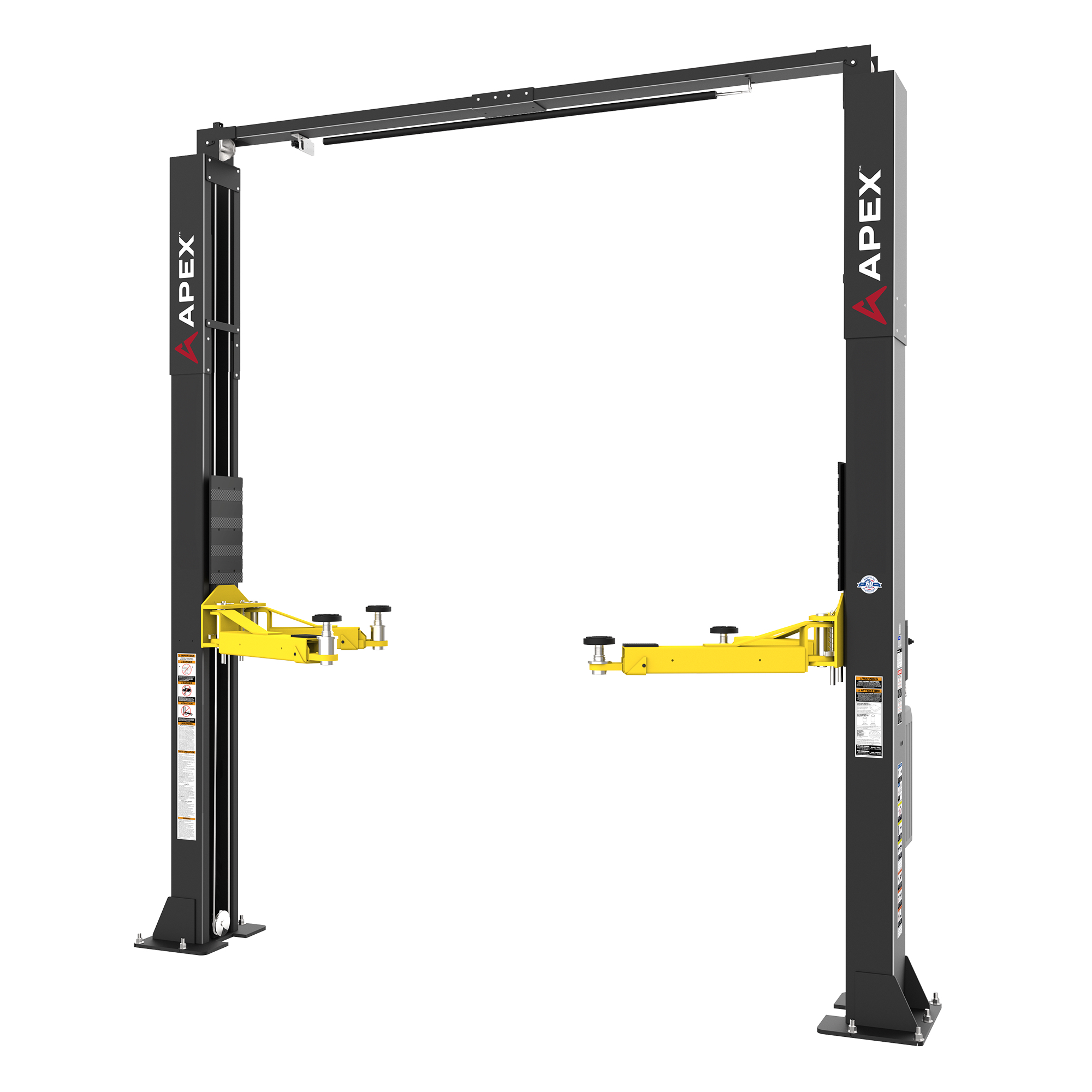 APEX AL10C two post automotive lift with asymmetric arms and overhead beam for professional service bays.