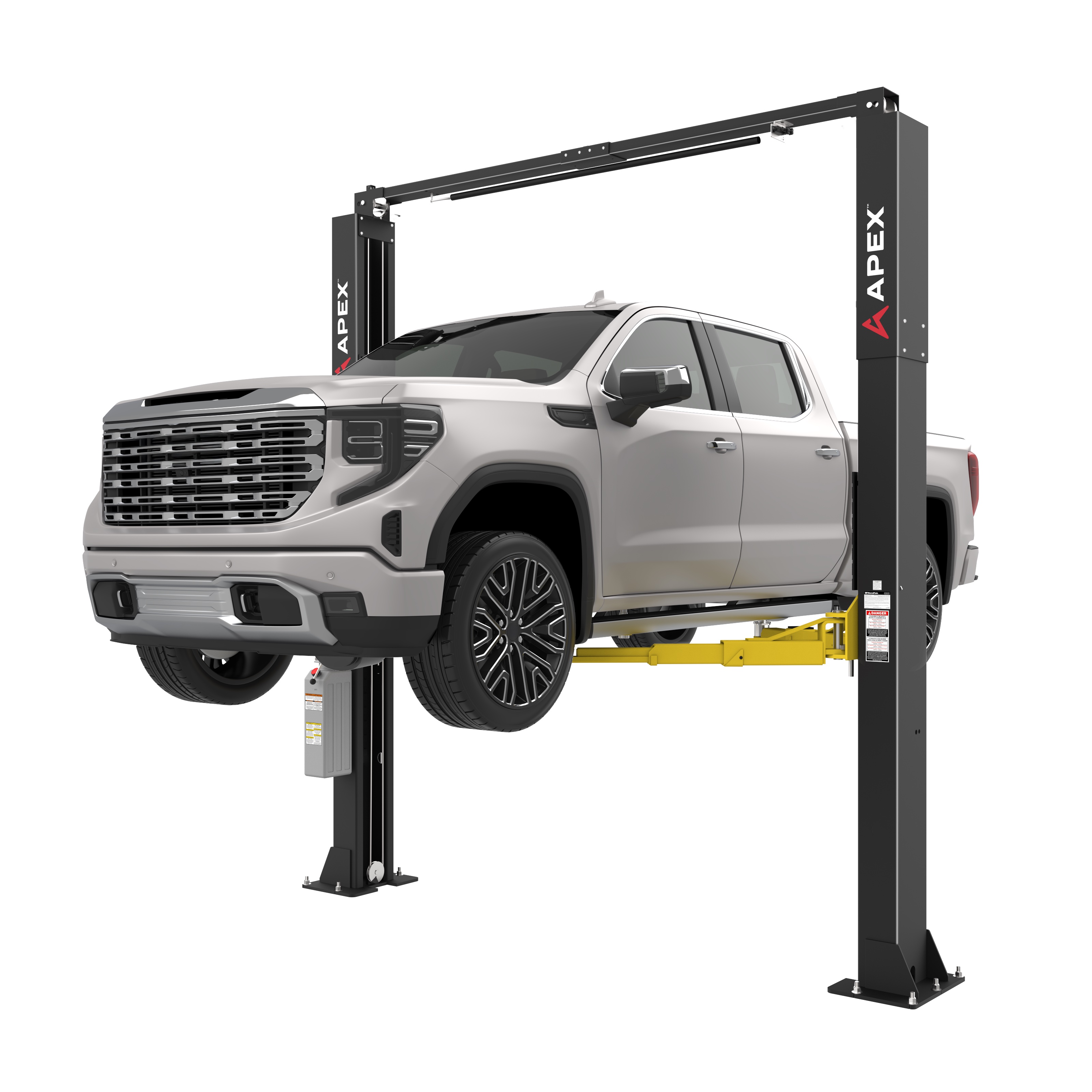 APEX AL10C two post lift raising full size pickup truck with asymmetric arms and overhead bar design.