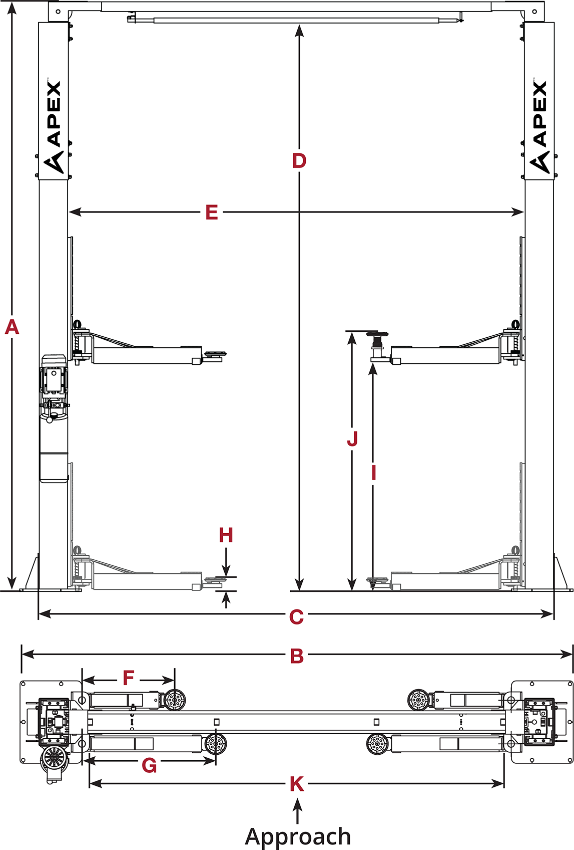 APEX AL10C Two-Post Lift Specifications Line Diagram