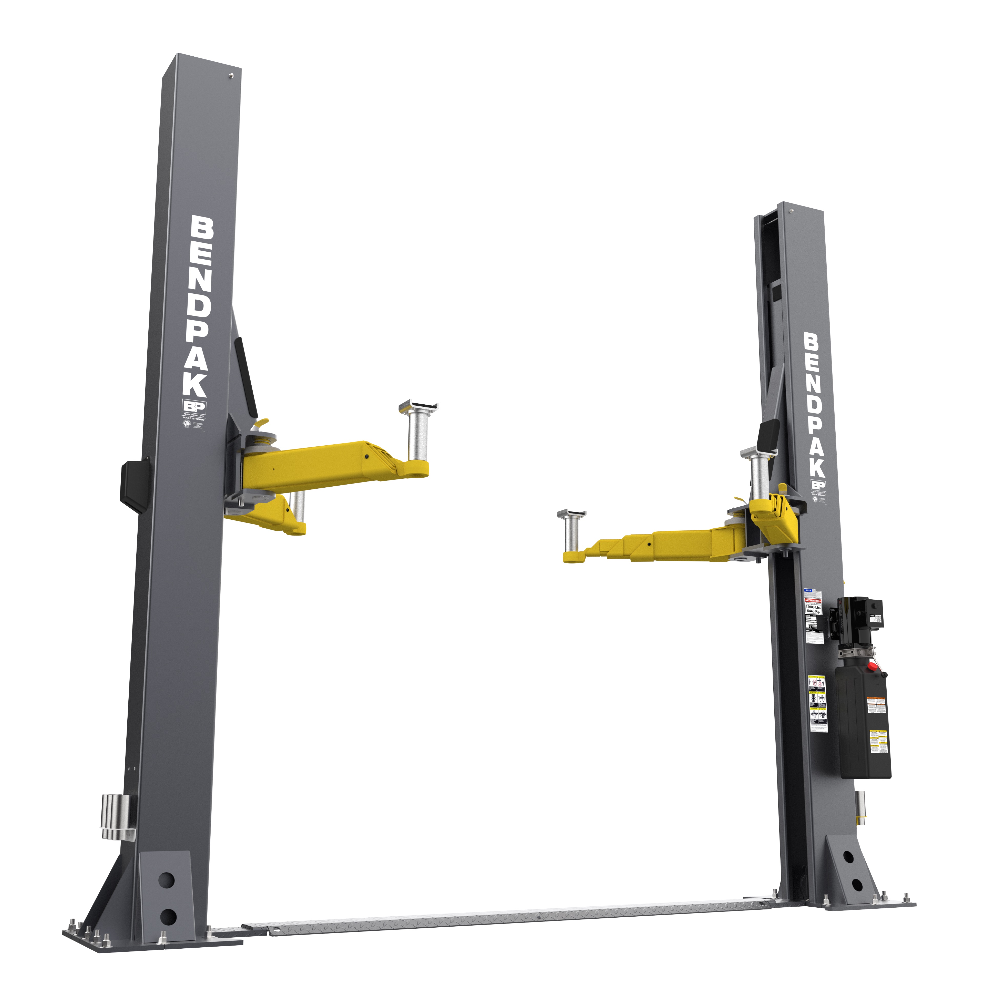 BendPak 12APF two post floorplate lift with symmetric arms and heavy duty vehicle lifting design