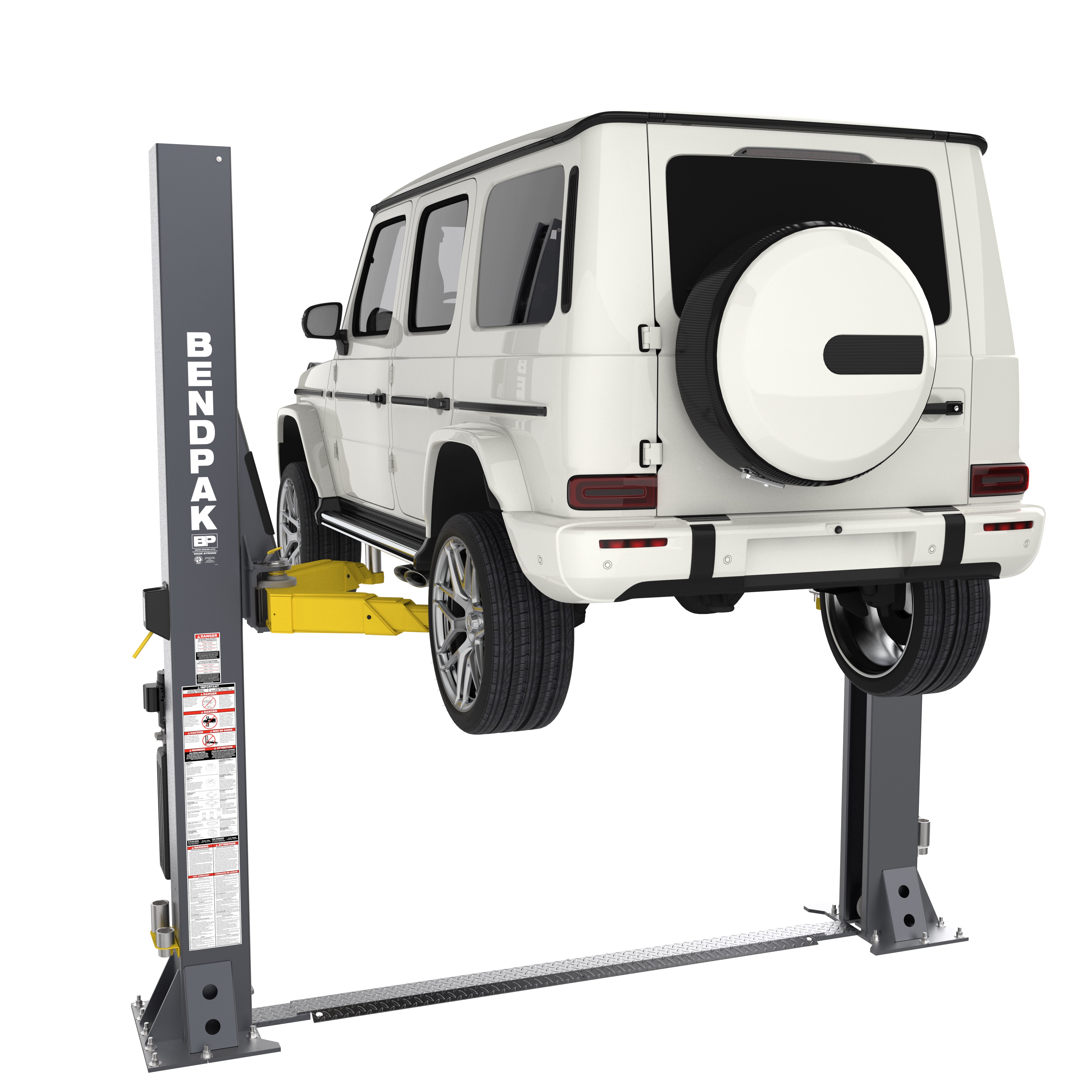 BendPak 12APF two post floorplate lift raising cargo van for service and maintenance access